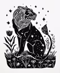 an animal sits in the grass with stars on its back,a drawing of a black dog with long hair, sitting on a patch of grass