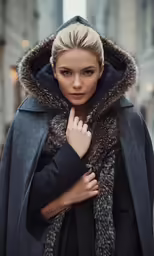 a young blond female standing and looking into the camera