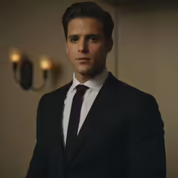 a man in a suit and tie standing next to a wall