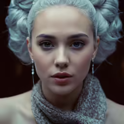 a blonde woman with blue eyes and a gray dress