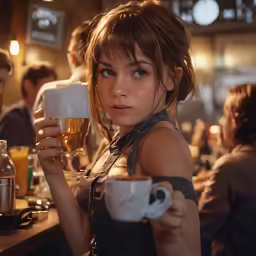 a woman is holding a cup of beer
