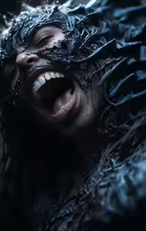 a woman in an elaborate, black costume with her mouth open