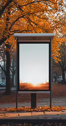 large, modern outdoor billboard in front of trees during autumn