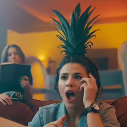 two women in a room with a pineapple on their head