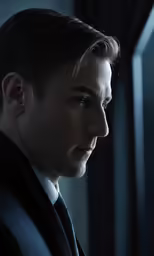 a man in suit looking out of a window