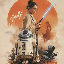 a girl is playing with a droid in front of an orange background