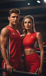 a man and woman posing for a sports photo in a stadium