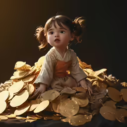 a girl sitting among golden coins
