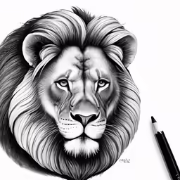 a lion face with large mane and a black pencil