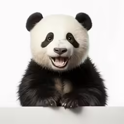 a large panda bear sitting up against a white wall
