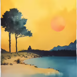 a painting of a person sitting near a lake during a sunset