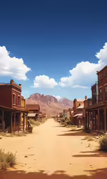 an old western town is seen with mountains in the distance