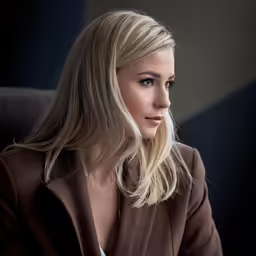 a blonde woman wearing a jacket sitting in front of a desk