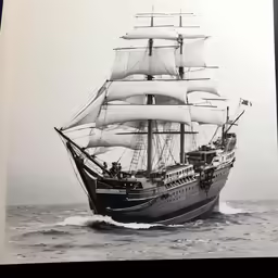an old photo of an old fashioned ship in the ocean