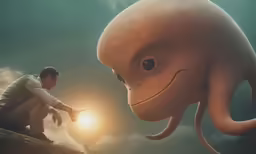 an animated octopus is shown standing next to a man who is holding the finger of another octopus