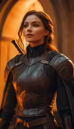 the young female is standing outside wearing armor