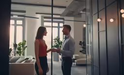 a woman and man are standing in an office