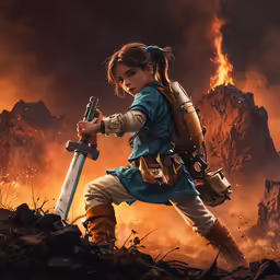 a person with a sword in a burning landscape