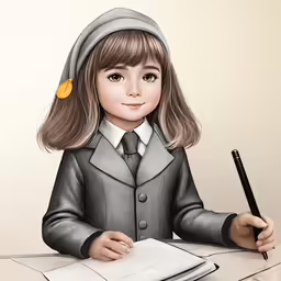 the girl is writing on her paper and holding a pen