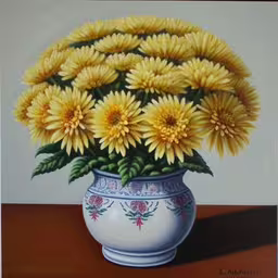 a painting of sunflowers in a white vase on a table,this is a painting of sunflowers in a blue vase