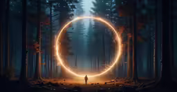 a man stands on a path of trees in the middle of a large ring