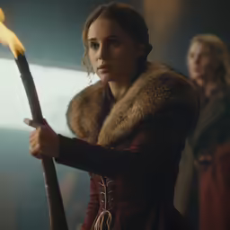 a woman in a fur coat holds a stick while looking away from the camera
