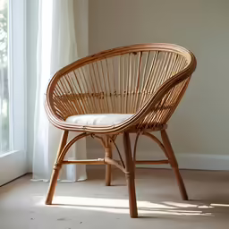 a wicker chair sitting in front of a window