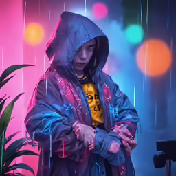 boy in rain coat with a plant and brightly colored lights behind him