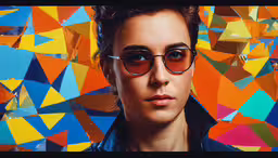 a person in front of some different colored pieces of paper,a person with some glasses on and colorful shapes