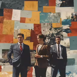 four people in business wear standing outside near a colorful wall