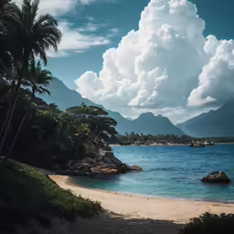 an ocean beach with palm trees and a large cloud