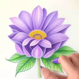 a drawing of a flower on paper with colored pencils,the drawing of a purple flower with a green leaf has colored pencils,the color pencil drawing is of a purple flower,someone is drawing a purple flower with a marker,a drawing of a purple flower with leaves