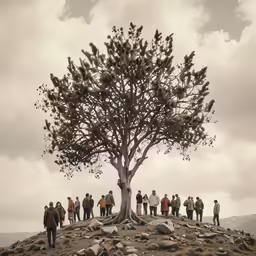 many people stand around in the background while a lone tree grows