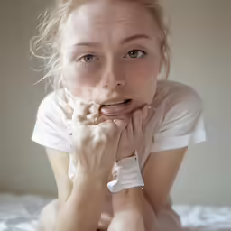 a woman in white shirt sitting down with her hands over her mouth