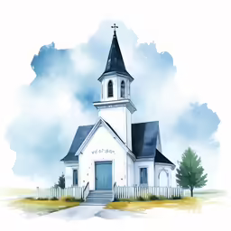 a drawing of a white church on a cloudy day