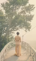 a woman stands on the white bridge while looking out at a field
