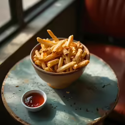 a bowl full of french fries and ketchup on a table