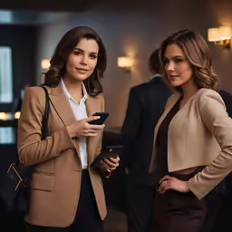 two women in business attire one looking at her phone