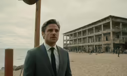 a man wearing a suit stands in front of an old building