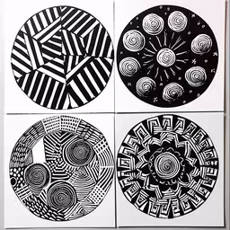 four circles containing black and white images with wavy lines in them,four black and white pictures are in a circle