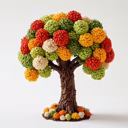 a crocheted model of a small tree with multicolored balls