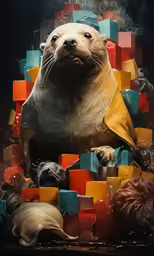 a seal in front of blocks with a face