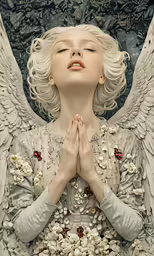 a statue of an angel has closed her eyes