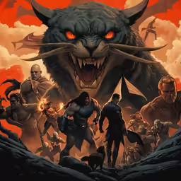 a poster of an evil looking beast surrounded by other characters
