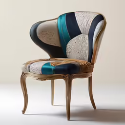 the side view of a chair with blue and white fabric