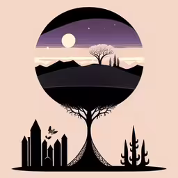a tree with mountains, mountains and a bird flying around,a stylized illustration of a tree, mountains and city at night