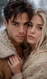the young couple is embracing each other in the snow