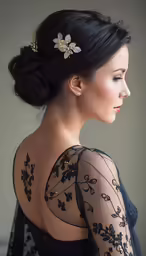 woman in black dress with flowers and veil