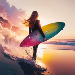 the woman is walking away from the water with her surfboard