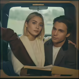 a man and a woman sitting in the back seat of a car
